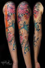 Watercolour Tattoo Hummingbird And Flowers Black Background Half Sleeve Tattoos For Women Floral Tattoo Sleeve Watercolor Tattoo Sleeve Best Sleeve Tattoos