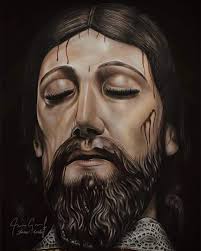 Retrato realista con lápices de colores del Cristo yacente del calvario.  Artista: Josué Avila