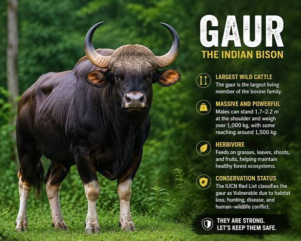 Indian bison, a large wild cattle species, inhabits forests and grasslands