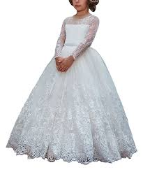 Amazon Com Wde White Flower Girls First Communion Dresses With Sleeves Long Pageant Ball Girls Lace Dress Flower Girl Dress Lace Girls First Communion Dresses