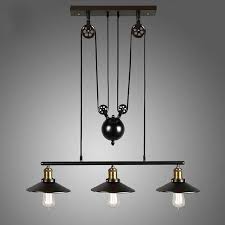 Idegu 3 lampes suspension luminaire industrielle lustre plafonniers design edison métal lustre suspension avec support en barre, ø. Lustre Industriel A 3 Lampes Avec Poulie En Fer Effet Retro Noir Zmdd Z0a17
