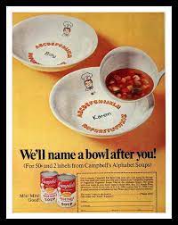 1968 Campbells Soup Personalized Bowl Ad Alphabet Soup Wall Art Home Decor Kitchen Kids Retro Vintage Food Advertising Campbell Soup Personalized Bowls Vintage Recipes