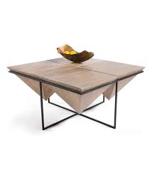 Light brown large octagon wood coffee table with storage with live edge. Mango Wood Black Iron Geometric Coffee Table