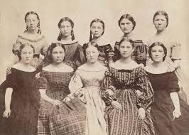 A photograph (ca. 1860) of ten of Brigham Young's daughters. All were born  about 1850. The polygamous relationships were not quite as platonic as  they'd have you believe...three were born to Joseph