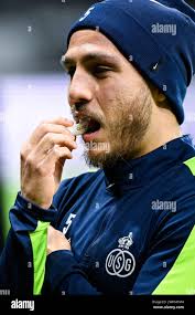 Frankfurt Am Main, Germany. 21st Feb, 2024. Union's Kevin Mac Allister  pictured with a thoot protector during a training session of Belgian soccer  club Royale Union Saint Gilloise in Frankfurt am Main,