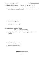 A study of matter © 2004, gpb 6.24b 2hno3 3h2. Limiting Reactants Wkst Worksheet Limiting Reactants 1 Balance The Equation First Name Fecl3 O2 Fe2o3 Cl2 A How Many Moles Of Chlorine Gas Can Be Course Hero