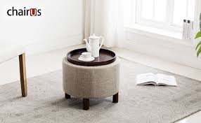 Posh habitat by ornavo modern round velvet storage ottoman with gold metal legs & tray top coffee table. Amazon Com Chairus Round Storage Ottoman With Tray Small Footrest With Blue Striped Lid Wood Legs Beige Kitchen Dining