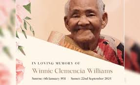 Death Announcement of 93 year old Winnie Clemencia Williams better known as  Dodowa and Ma Nic of Pointe Carib, Bagatelle