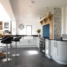 Pale Blue Kitchen With Range Cooker Ideal Home Kitchen Flooring Grey Kitchen Floor Kitchen Floor Tile