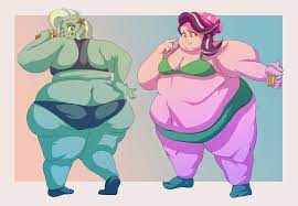 2493611 - suggestive, artist:seatbelt, starlight glimmer, trixie, human,  equestria girls, bbw, beanie, belly button, bingo wings, bra, breasts,  chubby cheeks, clothes, commission, crackers, cupcake, double chin, duo,  duo female, fat, female, food,