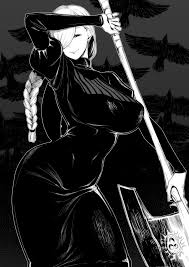 mei mei (jujutsu kaisen), jujutsu kaisen, absurdres, highres, 1girl, black  dress, breasts, dress, huge breasts, large breasts, long hair, mature  female, naughty face, smile, solo, weapon, white hair, wide hips 