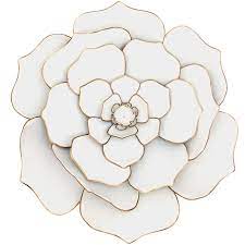 Metal flower wall decor features a white metal flower with stacked, textured petals and a brown, burlap center. 24in White Gold Metal Flower Wall Decor At Home