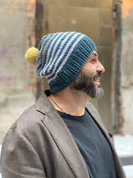 Striped Pom Pom Knit Winter Man Hat Cozy Knits Man Hat Winter Knits