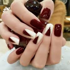 24pcs Set Fake Nails Elegant Wine Red And White False Nails Short Square Full Cover Bride Nail Art Acrylic Artificial Nails With Glue Amazon Co Uk Beauty Nail art ideas for short nails.