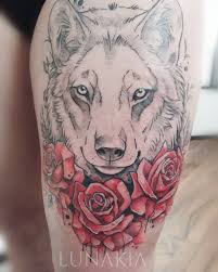 Black And White Wolf Tattoo Love The Black And White With Color Wolf Rose Tattoo By Lunakia White Wolf Tattoo Remembrance Tattoos Wolf Tattoo