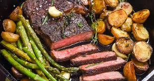 Pan Fried Garlic Butter Steak With Crispy Potatoes And Asparagus Recipe Yummly Recipe Potato And Asparagus Recipe Crispy Potatoes Steak