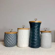 The artwork is hand painted and there will be slight variation. Schanadavian Boho Urban Eclectic Natural Mixed Texture Kitchen Canister Set With Wood Lids Navy Blue Gray White Kitchen Decor Modern Kitchen Canister Set Kitchen Canisters