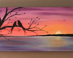Two Birds On A Wire Painting Original Abstract Acrylic Painting On Canvas Beneath The Twilight Two Love Birds Tree Branch Lake Sun Canvas Painting Abstract Painting Acrylic Painting Canvas