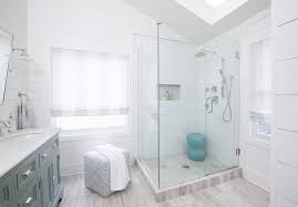 Marble compact modern black shower type: Corner Glass Shower With Marble Herringbone Shower Floor Contemporary Bathroom