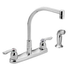 Installing a faucet can be a fairly simple process, and new faucets should come with manufacturer specific instructions. Moen Commercial 2 Handle Side Sprayer Kitchen Faucet In Chrome 8792 The Home Depot