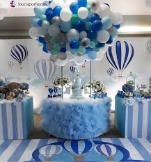 Turn the desserts table into the best feature of the baby shower décor. Baby Shower Ideas For A Baby Boy Hot Air Balloons Are So Cute Baby Shower Balloons Baby Birthday Balloon Baby Shower Balloon Decorations
