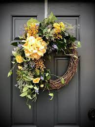 Spring wreath ideas to welcome the season with style. Rebecca S Wreaths Spring Wreaths Yellow Hydrangea Wreath Yellow