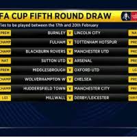Arsene wenger's side, chasing a third consecutive cup triumph, have home advantage against. Fa Cup Fifth Round Draw Ties To Be Played Between The 17th And 20th February Burnley V Lincoln City Prem Na Fulham Tottenham Hotspur Pre Champ Champ Blackburn Rovers V Manchester Utd