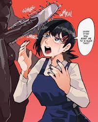 diforland, higashiyama kobeni, chainsaw man, absurdres, bad id, bad pixiv  id, highres, 1boy, 1girl, apron, black eyes, black hair, black nails, blue  apron, chainsaw, clothed female nude male, crying, crying with eyes