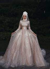 Silver Champagne Wedding Dresses Boho 2020 Sequin Sparkle Long Sleeve Muslim Elegant Wedding Ball Gown Ball Gowns Wedding Wedding Dress Champagne Arabic Wedding Dresses