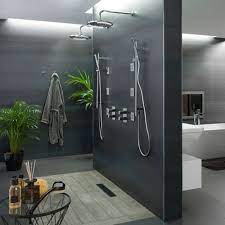Dark Walk In Shower Without Door With Plants Bathroom Shower Design Bathroom Design Bathroom Interior