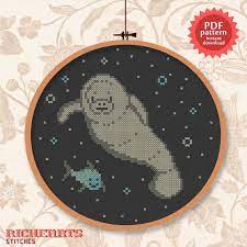 Manatees are our ocean mammal friends; Manatee And Fishy Friend Pdf Cross Stitch Pattern Etsy Cross Stitch Animals Cross Stitch Sea Cross Stitch