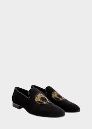 Black And Gold Loafers Mens Versace Medusa Head Velvet Mules For Men Us Online Store Dress Shoes Men Velvet Loafers Loafers Men