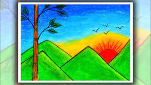 Simillarly, draw 2 more clouds. How To Draw Simple Sunrise For Beginners Mountain Scenery Drawing Youtube