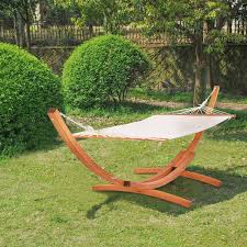Hang an outdoor hammock between trees with a hammock strap for a classic look, or take advantage of any space with a sturdy hammock stand. Outsunny 4 Metre Garden Outdoor Wooden Double Hammock W Arc Stand Frame Sun Swing Bed Seat White Aosom Uk