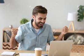 And a little man running around moving data from place to place. Happy Man Celebrate Online Victory Reading Good News On Laptop In Social Network Looking At Computer Screen Successful Laughing Businessman Or Freelancer Excited By Business Achievement Stock Photo Picture And Royalty Free