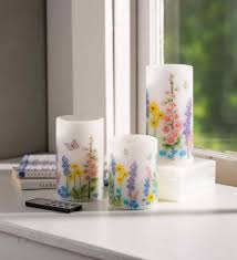 Aspen leaf motif candle cover. Flameless Pillar Candles With Floral Designs Set Of 3 Plowhearth