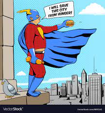 Superhero fat man and burger comic book Royalty Free Vector
