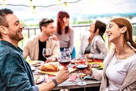 A different #suppercrew in florence. Happy People Having Fun Drinking Wine On Terrace At Private Dinner Party Stock Images Page Everypixel
