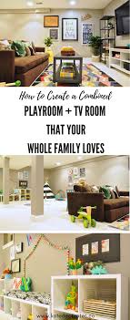 Before And After Our Basement Playroom Tv Room Reveal Kate Decorates Living Room Playroom Basement Living Rooms Family Room Playroom