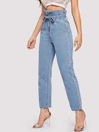 Paperbag Waist Slant Pocket Self Belted Jeans Kidenhome Women Jeans Type Of Pants Denim Fabric