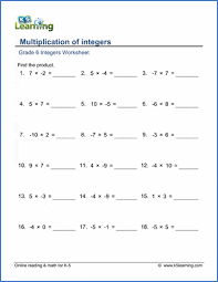 Our printable grade 6 math worksheets delve deeper into earlier grade math topics (4 operations, fractions, decimals, measurement, geometry) as well as introduce exponents, proportions, percents and integers. Grade 6 Integers Worksheets Multiplication Of Integers K5 Learning