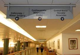 Ceiling Mounted Directional Signage At A Hospital In Maine Hospital Signage Directional Signage Wayfinding