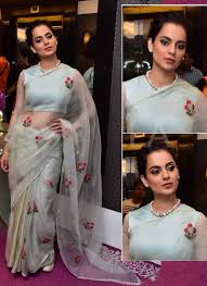 Shop Online Kangana Ranaut Bollywood Sea Blue Fancy Thread Work Organza Silk Saree Actress kangana ranaut looks damn bold and cutey beauty in these saree pic.