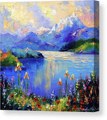 Flowers At The Mountain Lake Canvas Print Canvas Art By Olha Darchuk In 2021 Lake Painting Oil Painting Nature Landscape Paintings Acrylic