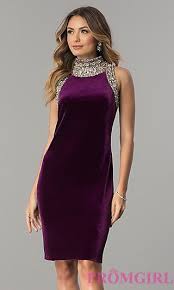 Purple High Neck Velvet Wedding Guest Dress Casual Cocktail Dress Prom Dresses Short Cocktail Attire For Women