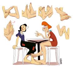 222443 - not furry, safe, artist:staerkola, little red riding hood (lrrh),  human, mammal, little red riding hood, barefoot, bedroom eyes, big feet,  blushing, buckteeth, chair, duo, feet, female, femalefemale, fetish,  flirting, foot