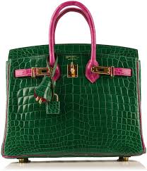 Hermes Rare Unique Bicolor Special Order 25cm Vert Emerald And Rose Sheherazade Shiny Nilo Crocodile Birkin Affordable Hermes Handbags Birkin Women Handbags