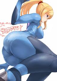 ario, samus aran, metroid, nintendo, translated, 1girl, ass, blonde hair,  blue eyes, blush, bodysuit, from below, impossible clothes, long hair,  looking at viewer, ponytail, skin tight, solo, thighs, white background, zero  suit -