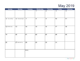 Monthly Printable Calendar May 2019 With Holidays Holiday Calendar Printable Excel Calendar Template Calendar 2019 Printable