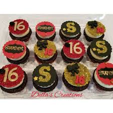 Black And Gold Cupcake Toppers Sweet Sixteen Red Black And Gold Cupcakes With Fondant Toppers Sweet 16 Cupcakes Sweet Sixteen Cakes Sweet 16 Birthday Cake